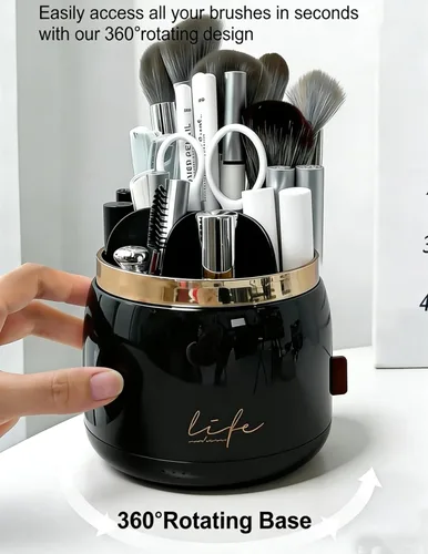 Miniatura 5 de Soporte giratorio para brochas de maquillaje con tapa, organizador de maquillaje transparente a prueba de polvo para encimera de tocador, incluye un