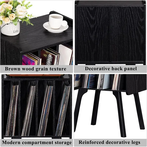 Miniatura 6 de LELELINKY - Soporte pequeño para tocadiscos de 11.7 pulgadas de ancho, mesa de almacenamiento para discos de vinilo color negro con 4 gabinetes