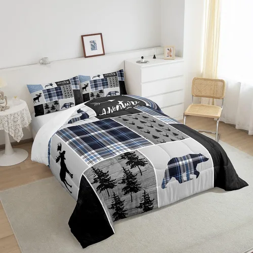 Miniatura 6 de Juego de edredón individual de aventura rústica para niños, juego de ropa de cama navideña de ciervos, osos y pinos para niños y adultos, decoración