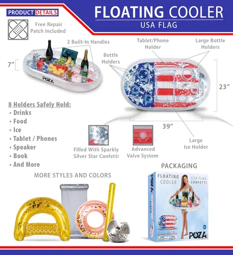 Miniatura 3 de POZA Flotador inflable de piscina de Estados Unidos – Lujosa tumbona divertida llena de confeti de estrellas plateadas brillantes, diseño de bandera