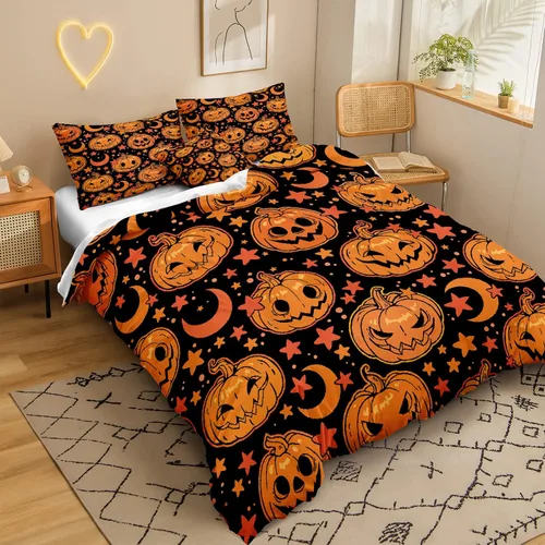Miniatura 2 de Juego de funda de edredón de calabaza para Halloween, divertido diseño de calabaza malvada, color negro, juego de ropa de cama Tiwn 1 funda
