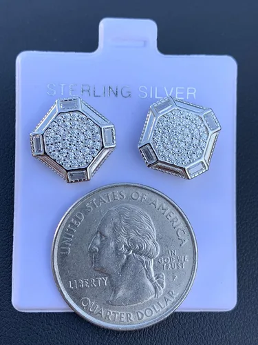 Miniatura 7 de Solid 925 Sterling Silver Men's Baguette Micropave Earrings - Iced Large 12" Screw Back Earrings