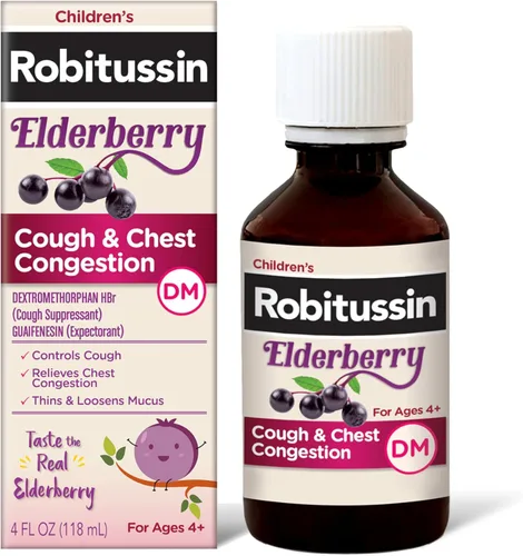 Robitussin Medicamento para la tos y la congestión torácica DM para niños de saúco, alivio de la congestión del pecho y jarabe para la tos, 4 onzas