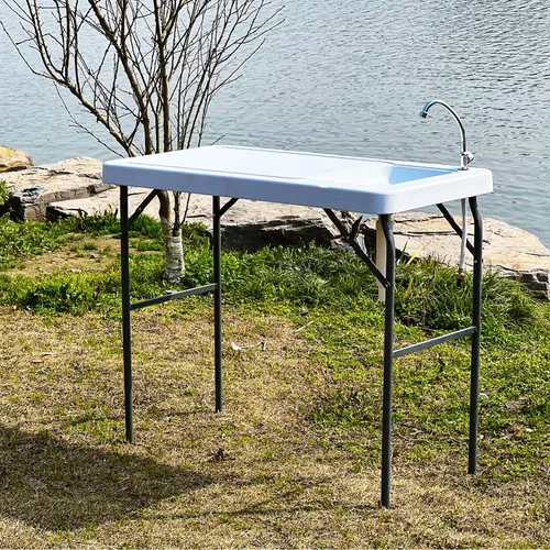 Miniatura 6 de Mesa plegable de grado comercial de 3.8 pies, mesa de limpieza con fregadero y grifo, plegable por la mitad moldeada por soplado, portátil