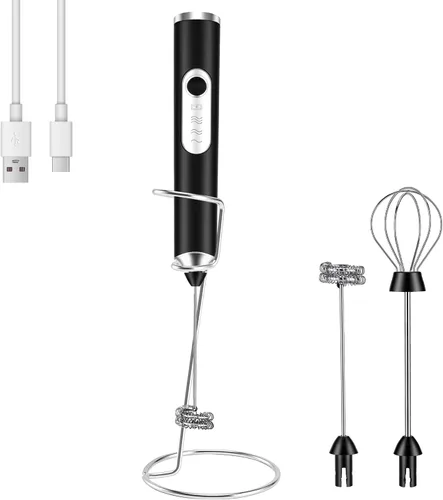 Espumador de leche de mano + soporte recargable de 2000 mAh, espumador eléctrico con 2 batidores de acero inoxidable, mezclador de bebidas de 3