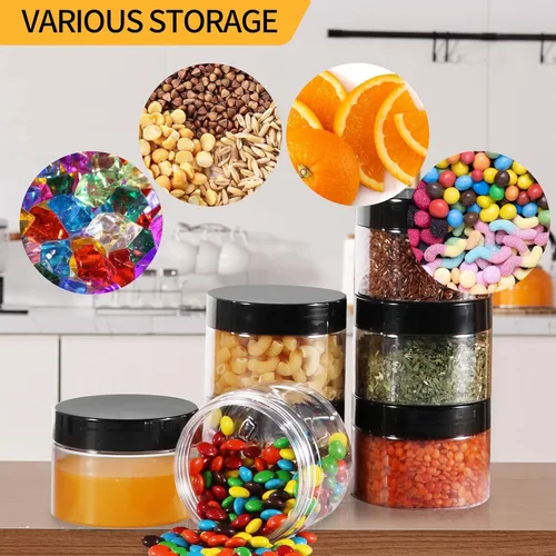 Miniatura 3 de Paquete de 48 tarros de plástico transparente de 4 onzas con boca ancha y tapas negras sin BPA, tarro de almacenamiento recargable multiusos vacío