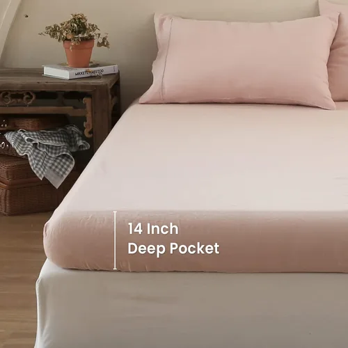 Miniatura 4 de Sábanas ajustadas 100% de lino, lavadas a la piedra, color liso - (1 pieza) Funda de colchón con bolsillo profundo de 35.56 cm, suave, natural, Rosa
