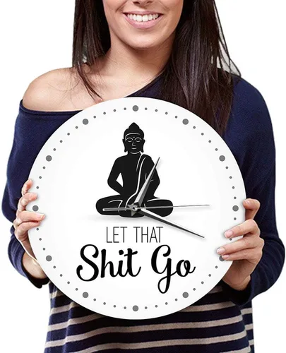 Miniatura 8 de The Geeky Days Let That Shit Go - Reloj de pared con cita divertida de Buda, decoración zen, arte humorístico, silencioso, sin tictac, regalo