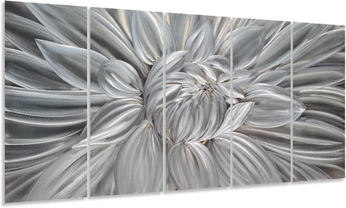 Miniatura 6 de Yihui Arts Arte de pared de flores de metal plateado, 5 piezas de arte de aluminio, escultura botánica contemporánea para sala de estar, dormitorio