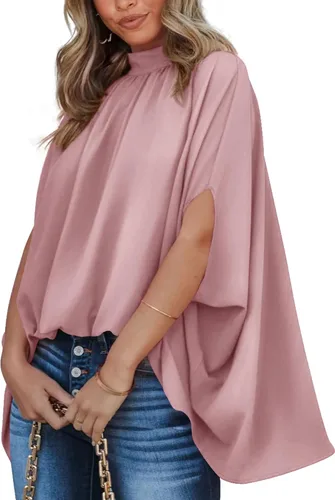 Miniatura 51 de BTFBM Blusas de verano para mujer, cuello alto falso, manga murciélago, holgadas, dobladillo alto y bajo, blusas informales de gran