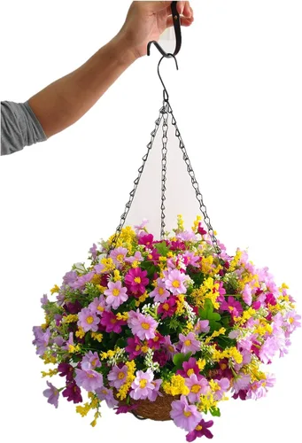 Miniatura 5 de Cesta colgante de cadena de flores de seda, maceta artificial de margaritas moradas, flores falsas (cesta mediana)