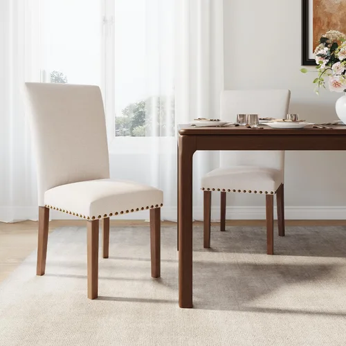 Juego de 2 sillas de comedor de granja, respaldo alto con patas de madera y ribete de cabeza de clavo, silla de comedor de tela moderna para