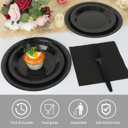 Miniatura 3 de Platos y servilletas de papel negro, platos desechables para fiestas, incluye platos de 7 y 9 pulgadas, tazas, servilletas, tenedores, suministros