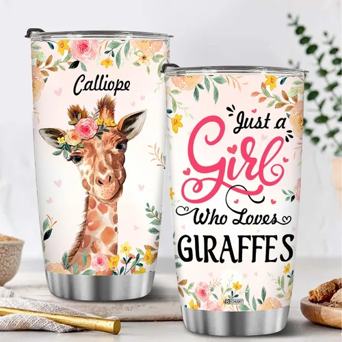 Miniatura 2 de BECHUSKY Vaso de acero inoxidable personalizado con aislamiento al vacío de flores de jirafa con tapa Just A Girl Who Loves Giraffes, taza de café