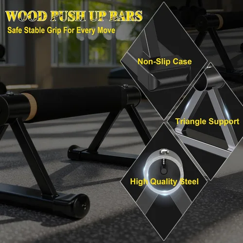 Miniatura 5 de Wooden Parallettes Push Up Bars, Solid Wood Parallel Bars with Anti-Slip Grip, Heavy Duty Metal Frame Supports 600 lbs, Stable Dip Bars for