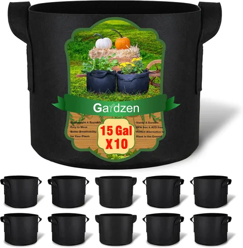 Gardzen Paquete de 10 bolsas de cultivo de 15 galones, bolsas de cultivo de tela gruesa de 10.58 oz con asas, bolsas de cultivo de plantas de