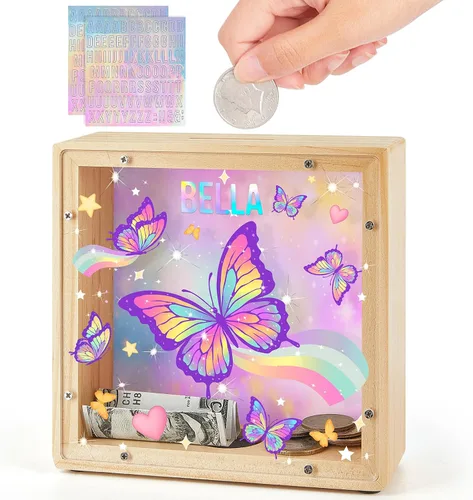 Miniatura 11 de Alcancía para niños, banco de monedas de madera para niños y niñas, dinosaurio unicornio alcancía con calcomanías de bricolaje para cumpleaños