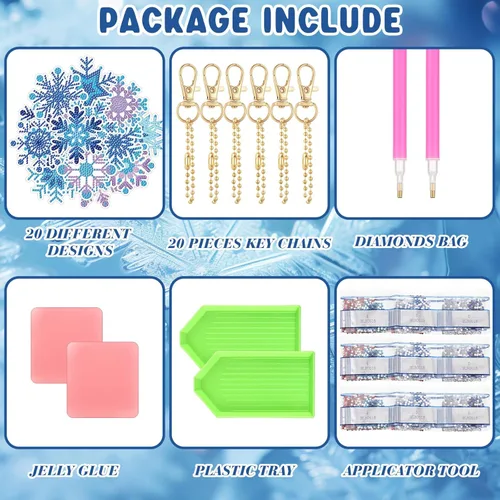 Miniatura 3 de Tondiamo Juego de 20 llaveros de pintura de diamantes de copo de nieve 5D DIY para bricolaje, adornos de diamantes de invierno, colgantes de doble