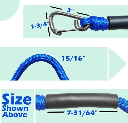 Miniatura 6 de Blue Bungee Dock Lines Paquete de 2 con ganchos dobles y tubos flotantes - Cuerdas de barco resistentes para moto acuática, pontón, kayak, 4 pies a