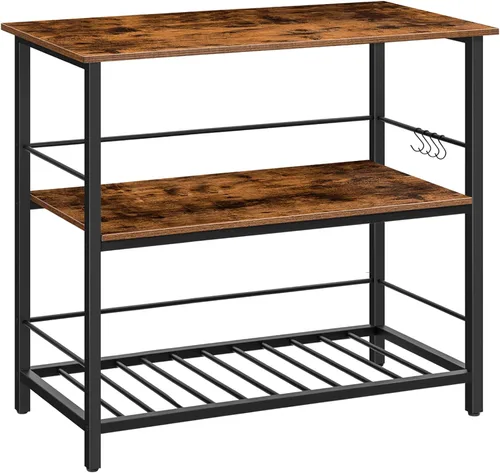 HOOBRO Isla de cocina con estante para vino, contador industrial de isla con ganchos y rieles protectores, estante de cocina de 3 niveles con