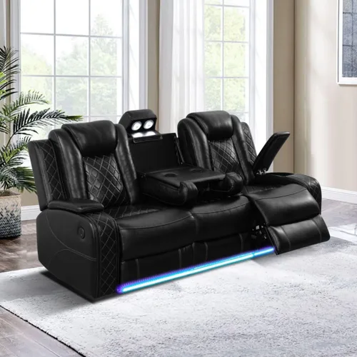 Miniatura 27 de Juego de sofá reclinable de cuero eléctrico con LED, juego de sala de estar de cuero, juego de sofá reclinable con puerto USB/soporte