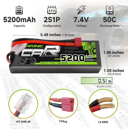 Miniatura 2 de OVONIC 2s Lipo Battery 50C 5200mAh 7.4V Lipo Batería con conector T estilo Dean para automóviles, camiones, barcos, vehículos (2 paquetes)