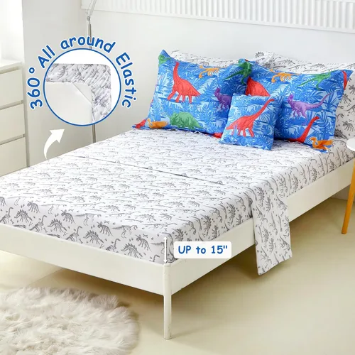Miniatura 5 de Mooreeke Juego de edredón individual para niños de 6 piezas, juego de ropa de cama azul para adolescentes, microfibra de dinosaurio, cama para niños