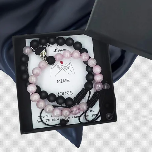 Miniatura 26 de 2 pulseras magnéticas para parejas, piedra natural negra mate, cristal para votos de amor eterno, juego de pulseras de cuentas de piedra de energía