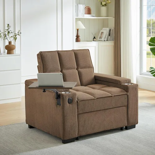 Miniatura 7 de Sofá cama convertible 3 en 1, sofá extraíble con puertos USB, portavasos y reposabrazos de almacenamiento, silla de dormir con mesa auxiliar