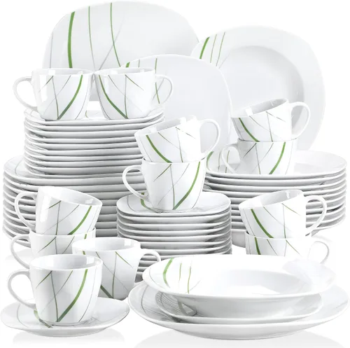 Miniatura 30 de VEWEET, Serie Fiona - Juego de vajilla de 30 piezas para 6 personas, blancos con rayas negras y grises, vajilla de porcelana de platos de postre