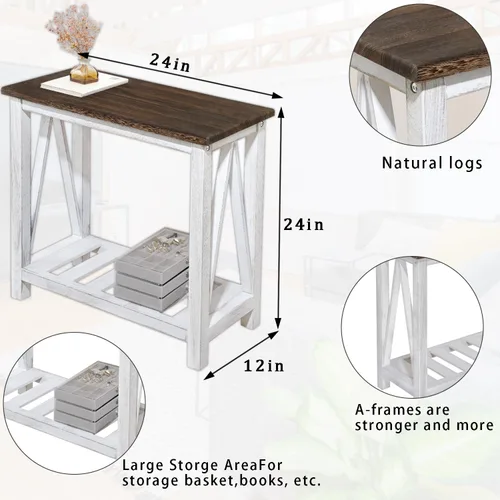 Miniatura 3 de Mesa auxiliar de granja, mesa auxiliar estrecha para sala de estar, mesas auxiliares delgadas con estante de almacenamiento, mesita de noche de 2