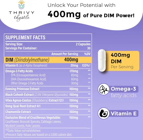 Miniatura 2 de Liposomal DIM 400 mg - Equilibrio hormonal, apoyo al estrógeno para mujeres, suplemento DIM con vitamina E, onagra, cimicifuga, ácidos grasos