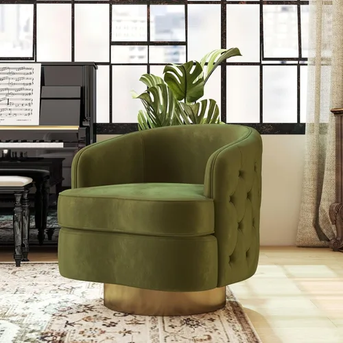 Miniatura 11 de Hyfirm Silla decorativa moderna negra, sillón giratorio de barril para sala de estar, sillas cómodas de terciopelo con botones, asiento de sofá