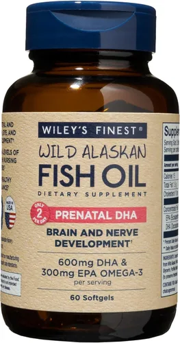 Wiley's Finest Wild Alaskan Fish Oil Prenatal DHA - 900 mg EPA y DHA Omega-3 para mujeres embarazadas y madres lactantes - 60 cápsulas blandas (30