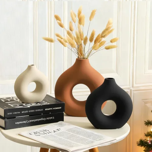 Miniatura 3 de Juego de 3 jarrones de cerámica Vanselia para decoración de mesa del hogar - Jarrones florales pequeños para centro de mesa de sala de estar, Óxido