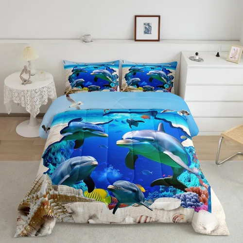 Miniatura 20 de Edredón de plumón de delfín para niños, juego de edredón del mundo submarino, juego de ropa de cama coral de peces dorados, tamaño individual