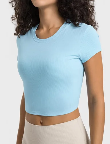 Miniatura 9 de ZHENWEI Camisetas de entrenamiento de manga corta para mujer, camisetas deportivas acanaladas con cuello redondo, camisetas atléticas para gimnasio