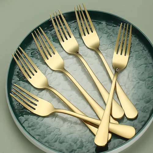 Miniatura 4 de Evanda Tenedor dorado de 12 piezas, tenedores de acero inoxidable chapado en titanio dorado de 8.07 pulgadas, tenedores para pasteles, tenedores