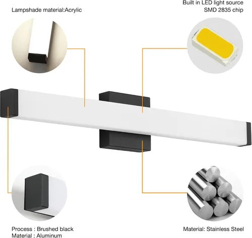 Miniatura 4 de Lámpara de tocador de baño de níquel cepillado, cuadrada, LED, 60 cm (24 pulgadas), 14 W, luz blanca natural, 4000 K, barra de luz para espejo