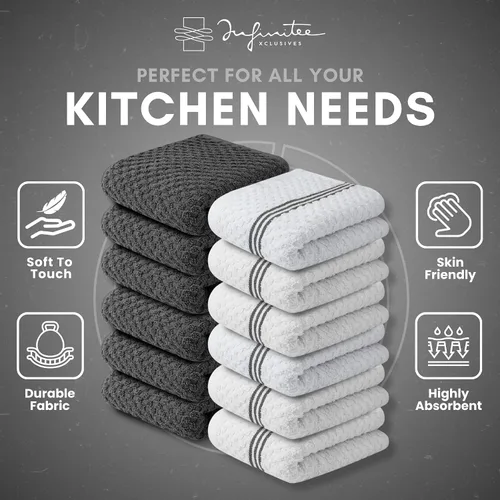 Miniatura 5 de Infinitee Xclusives Paquete de 12 toallas de cocina de alta calidad, 100% algodón, 15 x 25 pulgadas, color gris
