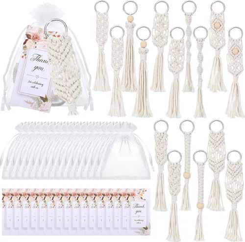 Juego de llaveros bohemios mini llaveros de macramé boho con borlas bolsas de organza etiquetas de agradecimiento para cumpleaños bodas fiestas baby