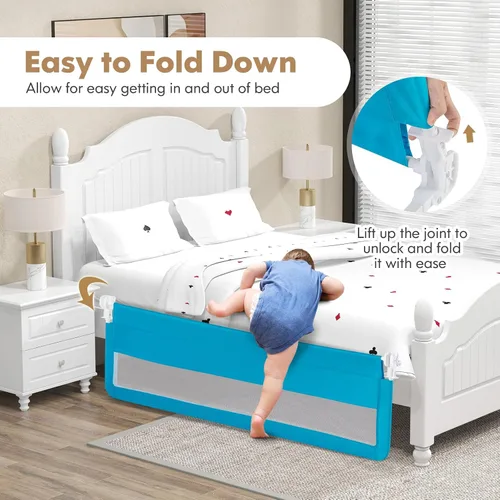 Miniatura 2 de BABY JOY Rieles de cama para niños pequeños, 59 pulgadas, extra largo, protector de cama abatible con correa de seguridad, barandilla plegable