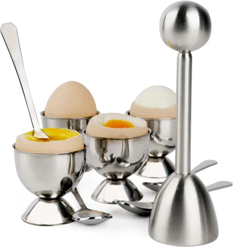 Juego de decoración de galletas de huevo, soporte separador de huevos duros y duros, incluye 4 cucharas de huevos y 4 tazas de huevo, 1 cortador