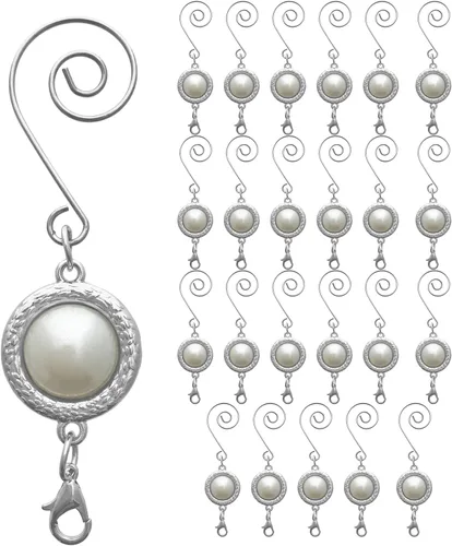 Gancho para adornos de Navidad con gancho en S y pinza de langosta – Juego de 24 – Perla blanca con ajuste plateado – Accesorios y detalles de