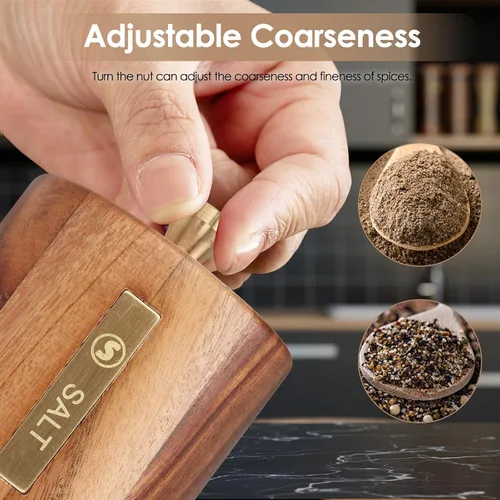 Miniatura 4 de Juego de molinillo de sal y pimienta de madera, molinillo manual de sal y pimienta de 8 pulgadas con cepillo y cuchara, grosor ajustable, molinillo