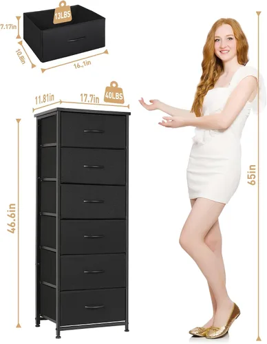 Miniatura 3 de Mifuro Cómoda alta para dormitorio con 6 cajones, torre organizadora de almacenamiento vertical, cómoda con cubos de tela, marco de acero, parte