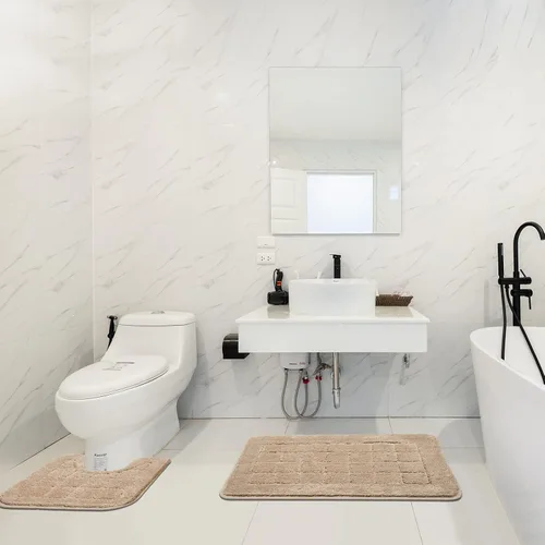Miniatura 6 de HEBE Juego de Alfombras de Baño de 2 Piezas Beige Antideslizantes Combo de Alfombra de Contorno de Baño de Microfibra Tapete de Baño y Ducha