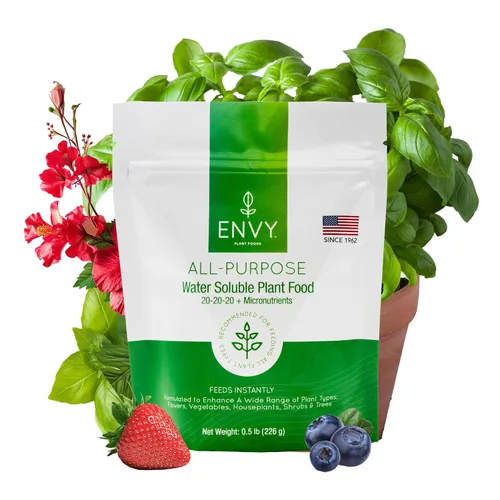 ENVY Fertilizante para plantas multiusos, 0.5 libras, hace 50 galones, para plantas de interior y exterior, seguro para mascotas, soluble en agua,