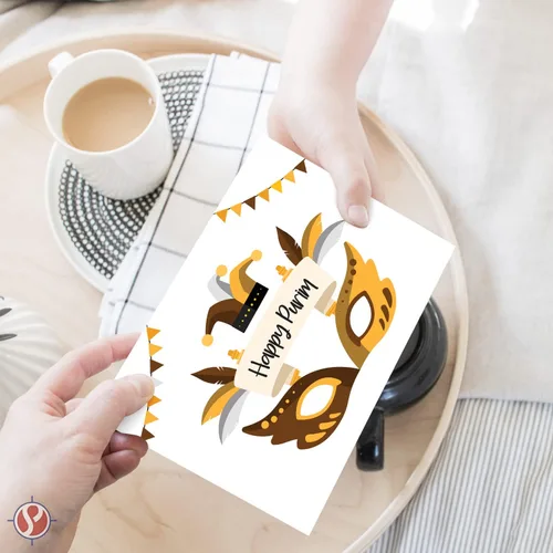 Miniatura 2 de 25 tarjetas de felicitación Happy Purim, máscara tradicional de símbolos de Purim, pergamino, invitaciones de felicitación religiosas judías