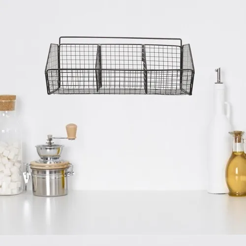 Miniatura 3 de Estante de almacenamiento de cocina montado en la pared para cebollas, jengibre y ajo, organizador de especias de metal negro con soporte de esponja